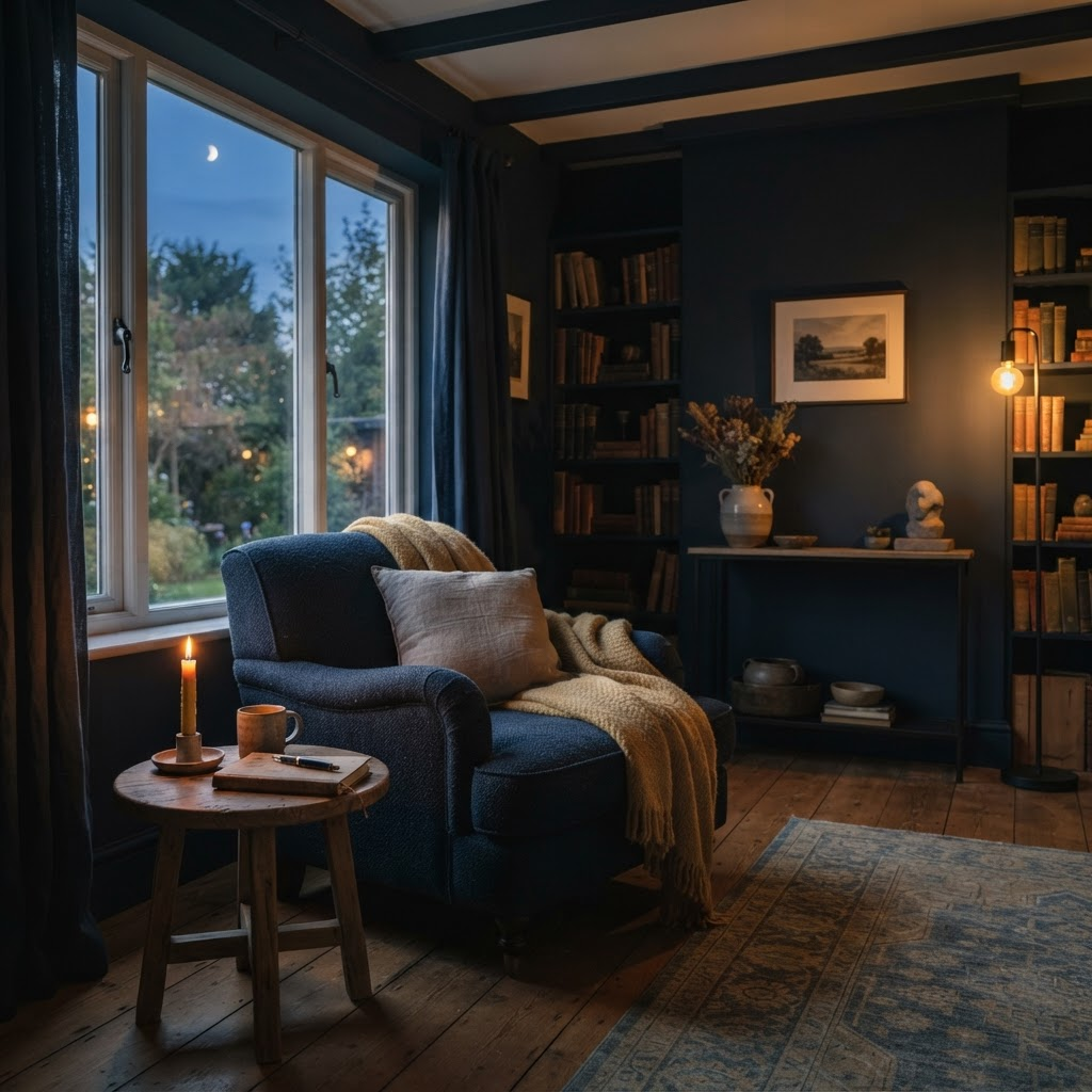 A calm home interior softly lit at dusk
