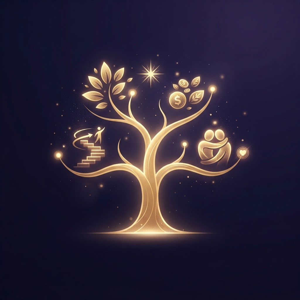 A glowing tree with four branches representing the coaching pillars